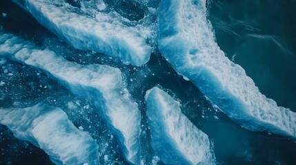 Breathtaking aerial top down view of a pristine glacier nestled amidst rugged snow capped mountains in a remote untouched wilderness landscape