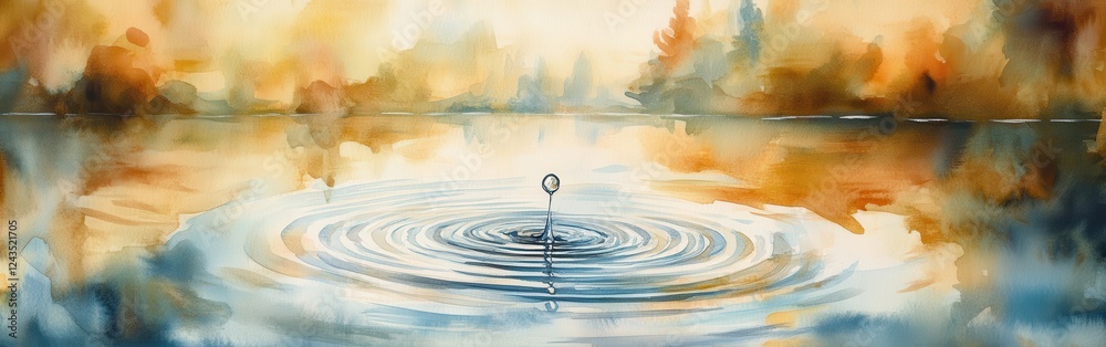 Aufkleber close-up view of a water droplet creating ripples on a tranquil water surface at sunset with warm hu