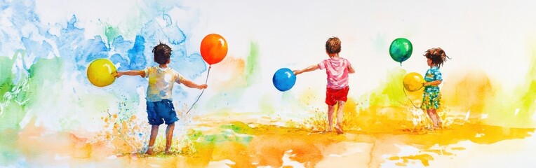 Fototapeta premium Candid shot of children joyfully playing with colorful balloons in a watercolor-themed scene