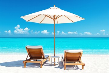 Two wooden lounge chairs and umbrella on white sandy beach facing turquoise sea under blue sky.