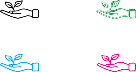 Simple line drawings, hands holding plant sprouts, minimalist icons, environmental concept, sustainability symbols, growth metaphor, caring for nature, four color variations, black green blue pink, cl
