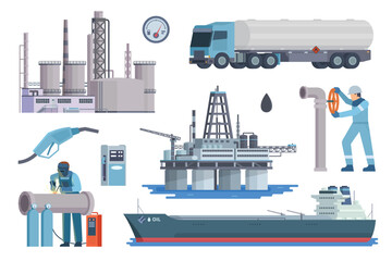 Oil & Gas Industry Illustration Bundle. Vector Set of Oil Well and Rig, Oil Worker, Oil Refinery, Gas Station, and Oil Transportation like Oil Truck and Tanker Ship. Fully Editable Modular Elements.
