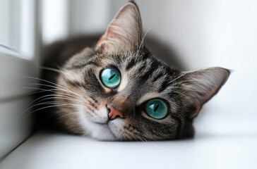 Charming Tabby Cat Resting on a Windowsill with Striking Aquamarine Eyes and Soft Fur Highlighted by Natural Light