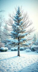 Fototapeta premium White pine tree in a snow-covered yard with bare branches , pine christmas tree, wintry scene