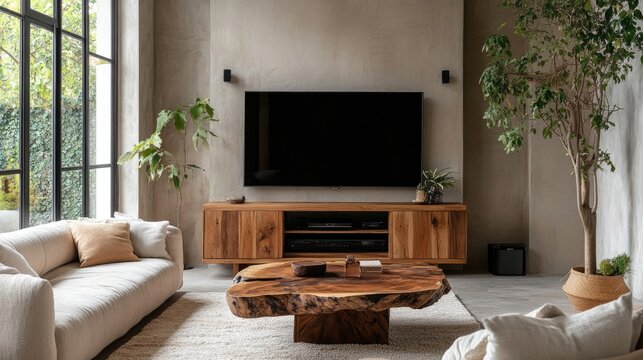 Rustic living edge coffee table near beige boucle sofa against cabinet and TV on wall in modern living room