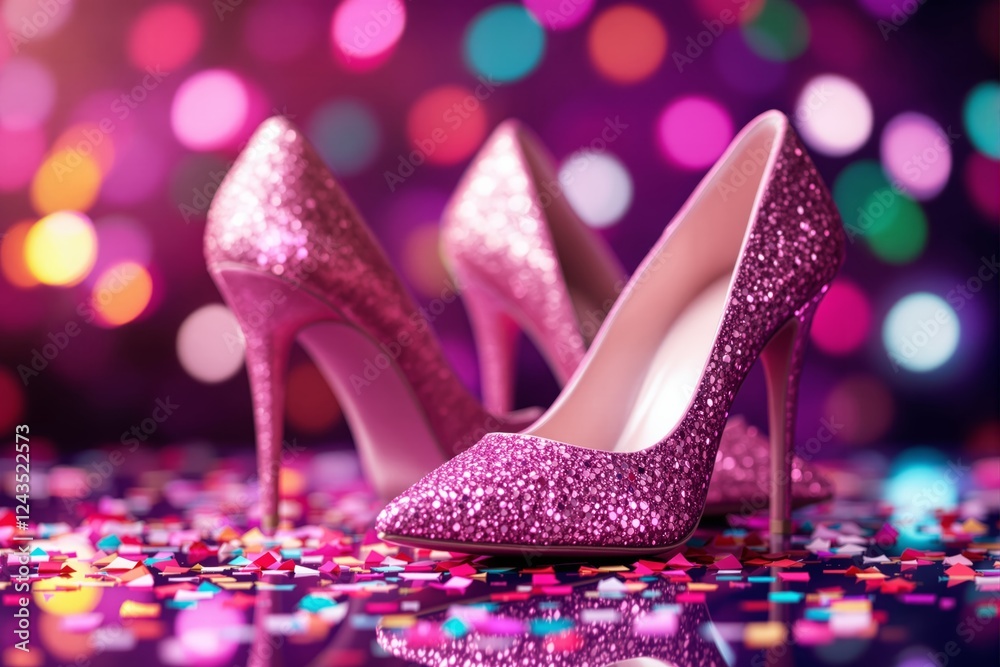 Poster glittery pink high heels on a colorful confetti background with bokeh lights.