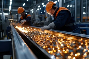 Dedicated workers donning helmets and goggles are focused on operating industrial machinery, emphasizing teamwork and safety in a high-tech manufacturing environment.