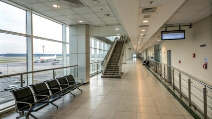 Obraz premium Wide hallway in an airport terminal with stairs leading up to a balcony and chairs along the railing, terminal, staircase