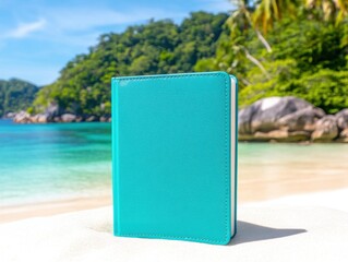 Naklejka premium A vibrant turquoise notebook rests on a sandy beach, with lush green hills and clear water in the background, evoking relaxation and creativity.