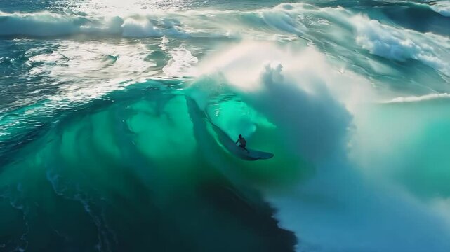 Surfer riding giant ocean wave highlighted by turquoise waters and sunlit foam