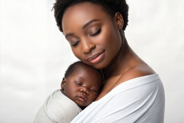 Obraz premium Newborn Black Baby Peacefully Sleeps in Mother's Warm Embrace With Soft Lighting