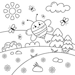 Bee in the meadow coloring page. Black and white drawing.  Vector illustration for coloring book. For children.