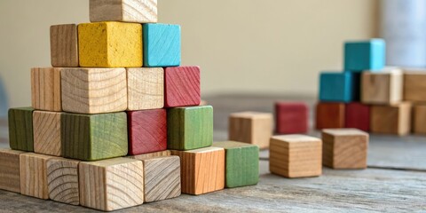 Wooden blocks stacked on top of each other with different colors and textures, block arrangement, wood construction, multicolor blocks