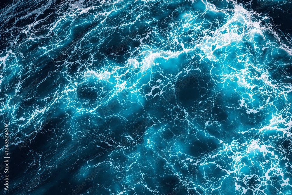 Poster Dynamic glowing blue ocean waves with intricate white patterns.
