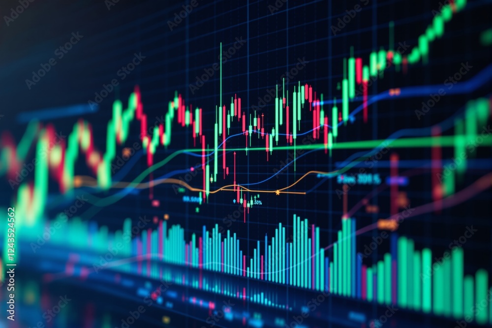 Poster Abstract financial trading chart with colorful candlestick patterns and data on a dark background.