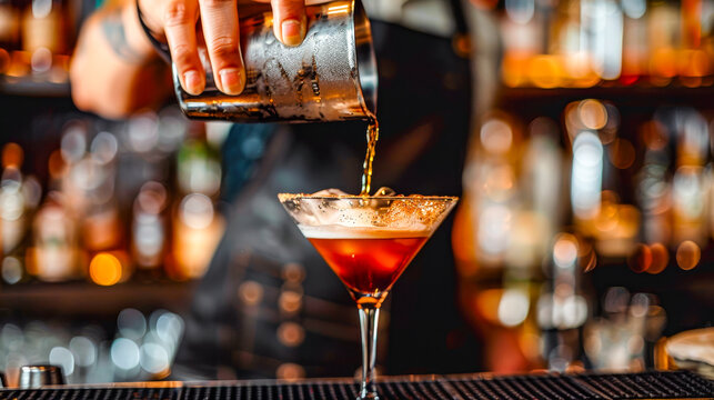 Crafting the Cocktail: Expert bartender skillfully pours a dark, rich cocktail into a martini glass, showcasing the art of mixology in a dimly lit bar setting.