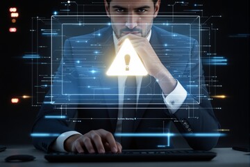 Businessman analyzing cybersecurity warning with glowing digital interface.