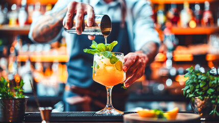 The Art of the Cocktail: A skilled bartender expertly crafts a refreshing cocktail, pouring a vibrant orange concoction with a sprig of mint into a chilled glass.