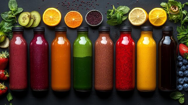 A vibrant display of colorful fruit juices in bottles with fresh ingredients and textures.