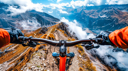 Edge of the World: Feel the adrenaline rush as a mountain biker navigates a treacherous downhill trail on the edge of a cliff, with breathtaking views of a mountain range shrouded in clouds.