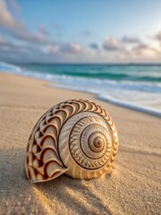 Intricately Patterned Conch Shell Resting on Sandy Beach at Sunset