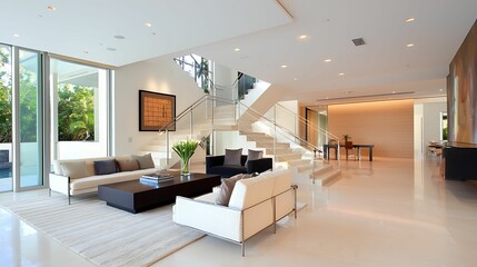 minimalist, living room, interior, design, living, room. Modern, open-concept living room featuring sleek furniture, large windows, and elegant decor, creating a bright and inviting atmosphere.