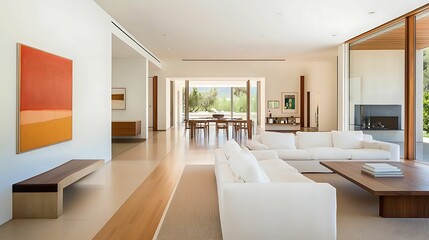 Fototapeta premium minimalist, living room, interior, design, living, room. A modern living room featuring minimalist design, large windows, and a blend of natural light with neutral tones and vibrant artwork.