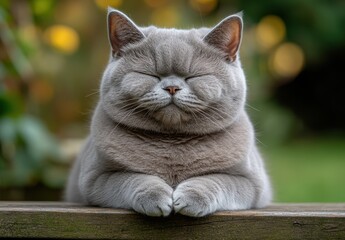 Content and Relaxed Gray Cat Enjoying a Peaceful Moment in a Serene Outdoor Setting Surrounded by Nature and Soft Light