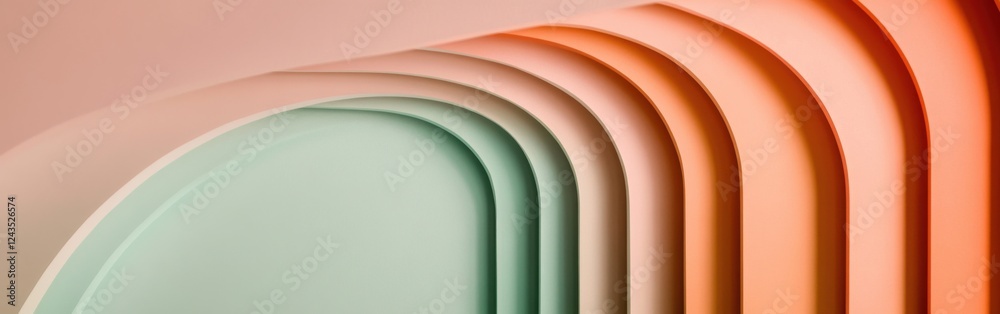 Poster Soft coral and mint arcs arranged in gradient layers create a calming visual effect in a contemporary setting