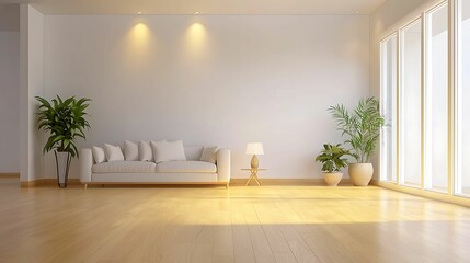 Fototapeta premium minimalist, living room, interior, design, living, room. Modern, bright living room with a cozy sofa, plants, and large windows, creating an inviting and spacious atmosphere.