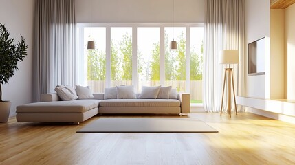Fototapeta premium minimalist, living room, interior, design, living, room. A bright, modern living room featuring a cozy sofa, large windows, and natural light, creating a welcoming atmosphere.