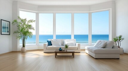 Fototapeta premium minimalist, living room, interior, design, living, room. A modern living room with ocean views, featuring a cozy couch, wooden flooring, and potted plants, creating a bright, serene atmosphere.
