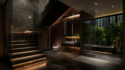 Luxurious modern bathroom with city view