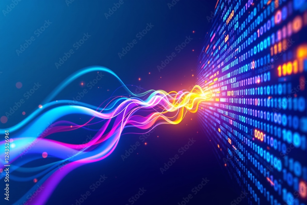 Poster Abstract waves of light flowing into digital binary data streams on a blue background.
