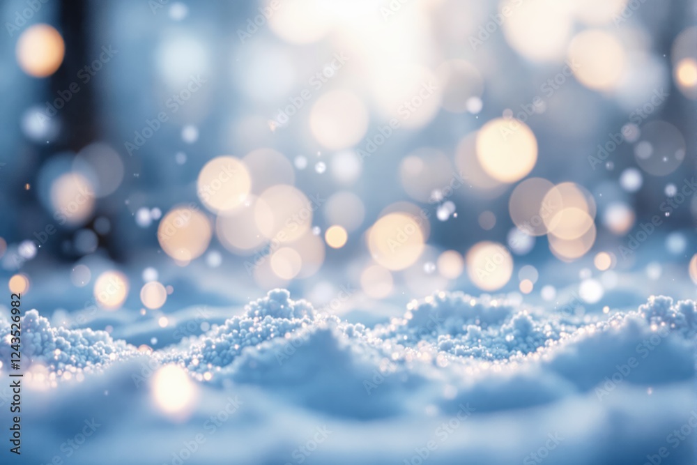 Poster sparkling snow with warm bokeh lights on blurred blue background.