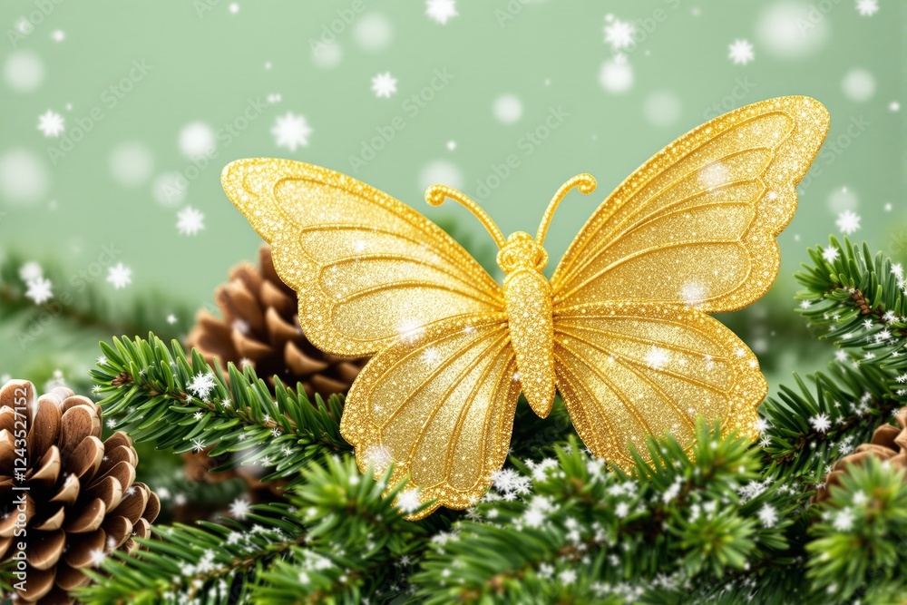 Poster Glittering golden butterfly on evergreen branches with pinecones and snowflakes on a soft green backdrop.