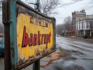 Weathered sign reading "bankrupt" on a street.