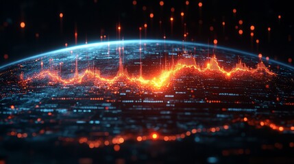 Fototapeta premium Abstract representation of digital data and sound waves over a global network.