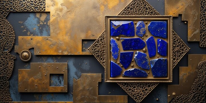 Ornate Lapis Lazuli Stone Art Framed in Gold on Textured Bronze Background