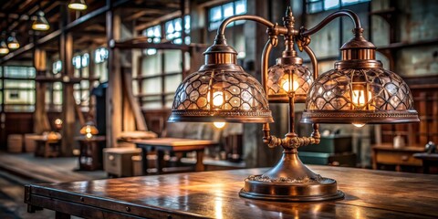 Antique copper lamp with intricate metalwork and glass shades on a wooden base in a dimly lit factory setting, factory setting