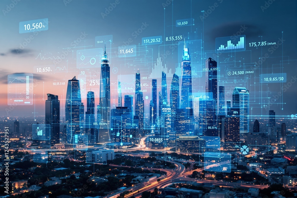 Aufkleber futuristic cityscape with glowing data overlays and digital analytics interface at dusk.