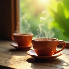 Clay cups filled with steaming hot tea placed on a wooden table amidst soft afternoon light, gentle glow, tea, light