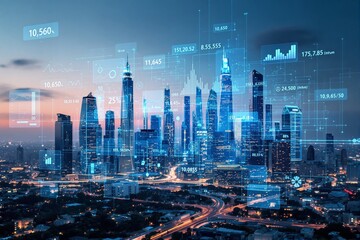 Fototapeta premium Futuristic cityscape with glowing data overlays and digital analytics interface at dusk.