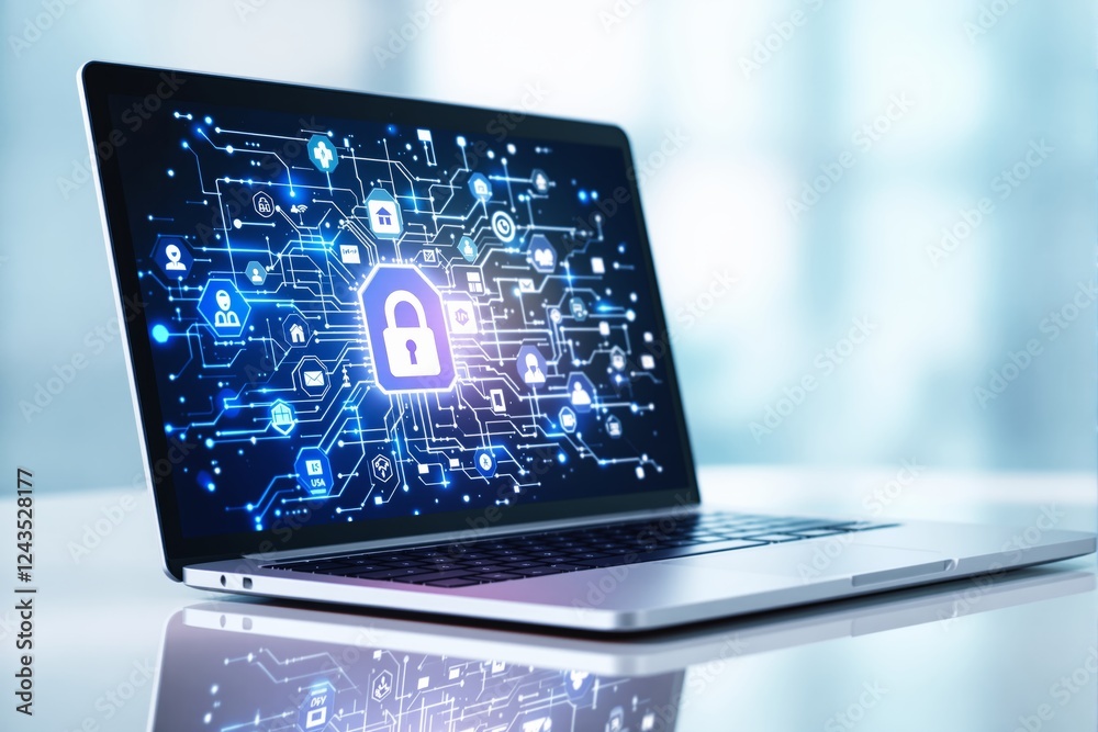 Poster laptop with digital padlock on screen, symbolizing cybersecurity and data protection on a bright bac