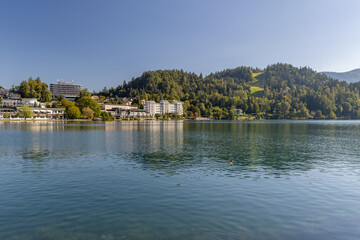 BLED, SLOVENIA. Bled town with hotels near the lake.
