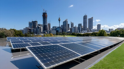 City skyline view with rooftop solar panels