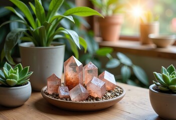 Beige-Brown Workspace: Tourmaline Crystals, Grounding Plants, Hexagonal Prisms, Soft Colors, Tranquility, Natural Light, Serene, Minimalist Design.

