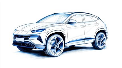 Sleek Modern SUV Car Design Sketch in Blue and White Color Scheme