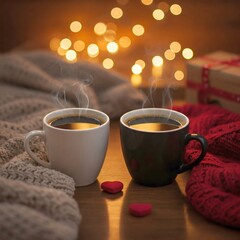 Obraz premium Valentine's Day, two cups of coffee on a cozy café table. Love fills the air, creating a warm and romantic atmosphere for a perfect date. Enjoy the moment!