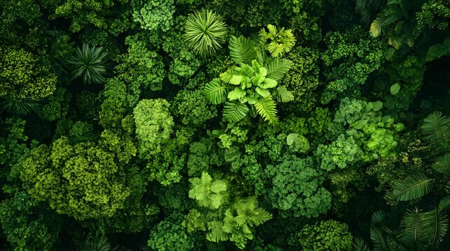Breathtaking aerial top down perspective capturing the serene beauty and verdant splendor of a thriving tropical rainforest canopy  This image showcases the intricate web of life diverse vegetation